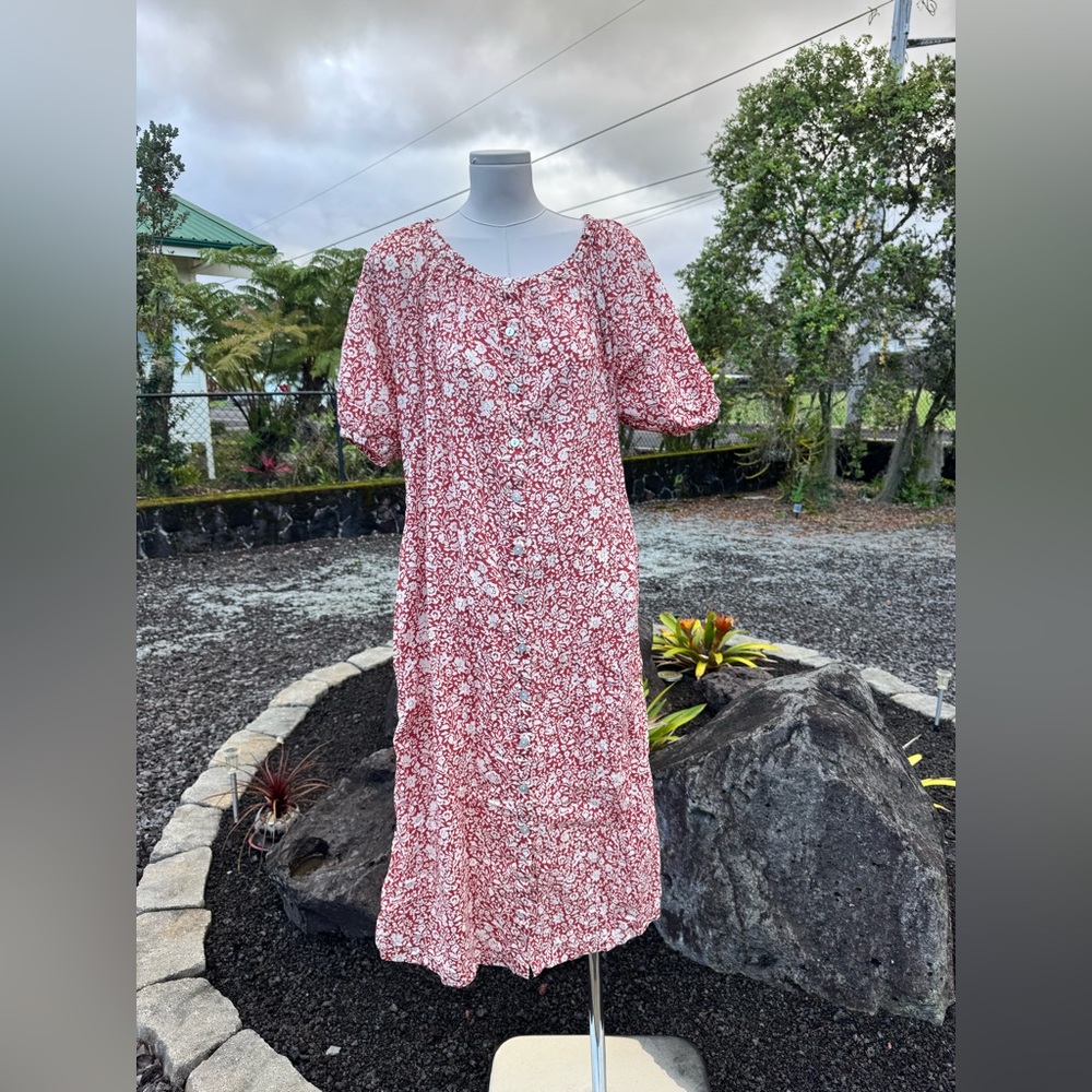 Faherty Red Floral Button Front Dress XL 100% Organic Cotton